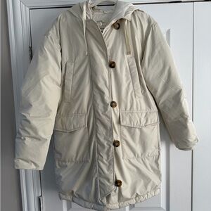 Cream Hooded Puffer Coat with Button Details